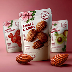 Three standing pouch mockups for healthy snacks with almond, strawberry, and avocado flavors, set against a soft pink background