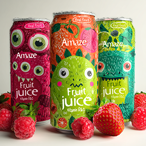 Three colorful fruit juice cans with cute monster illustrations, surrounded by fresh strawberries and raspberries.