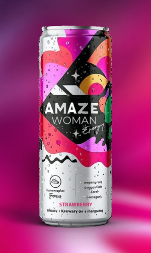Refreshing energy drink can mockup with water droplets and vibrant pink graphics on a gradient background.