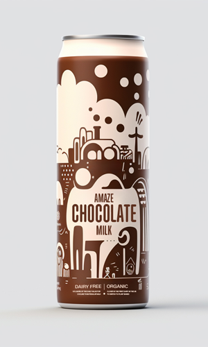 Amaze Chocolate Milk aluminum can mockup with artistic brown and cream factory landscape illustration.