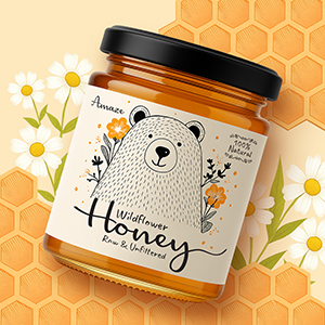 Amaze Wildflower Honey jar mockup with cute bear illustration on a honeycomb and daisy background.